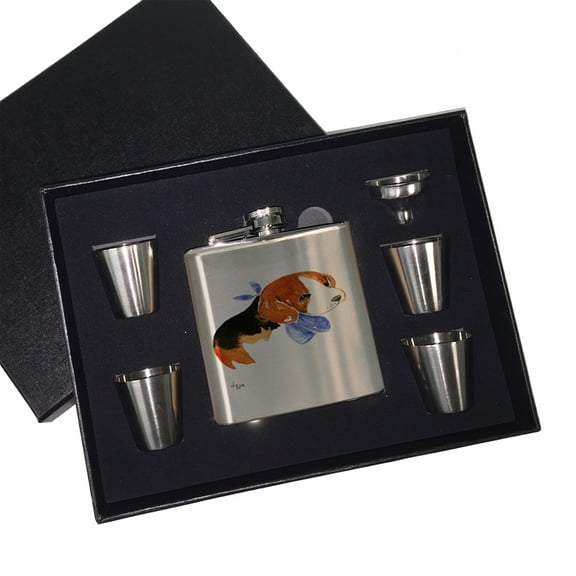 KuzmarK 6 oz. Stainless Steel Flask Set in Black Presentation Box -  Beagle Puppy with Blue Bandana Dog Art by Denise Every