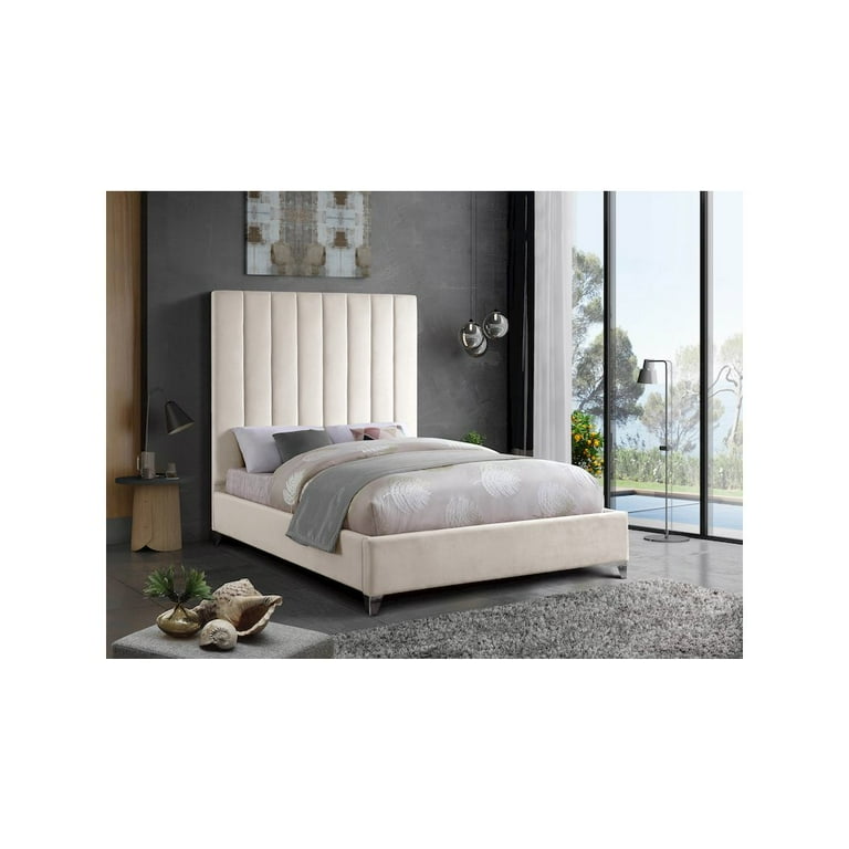 Meridian Furniture Via Queen Bed, Rich Cream Velvet, Tufted