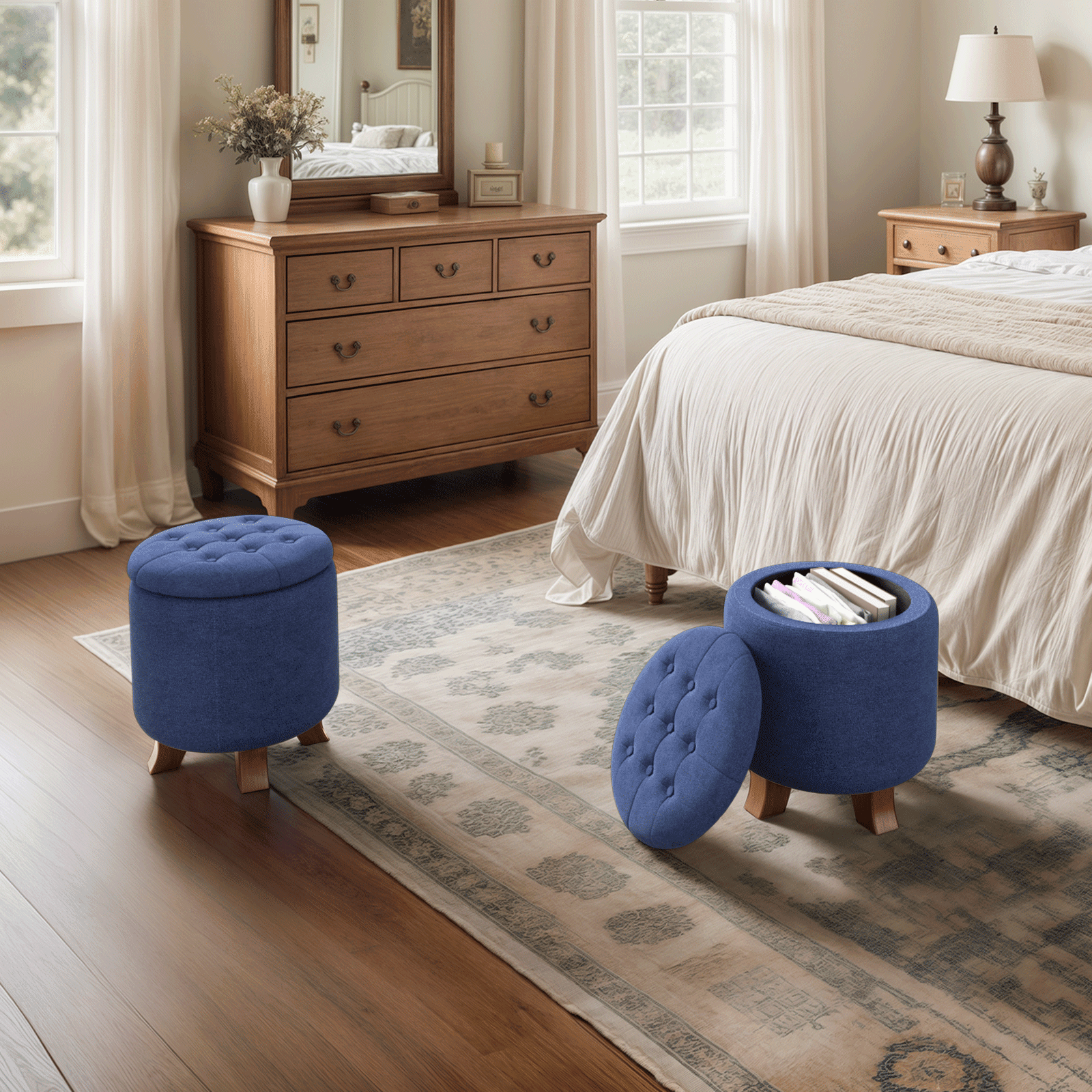 Magshion Storage Ottoman with Padded Seat, Modern Cotton-linen Footrest, Round Seat stool for Living Room Bedroom , Navy Blue