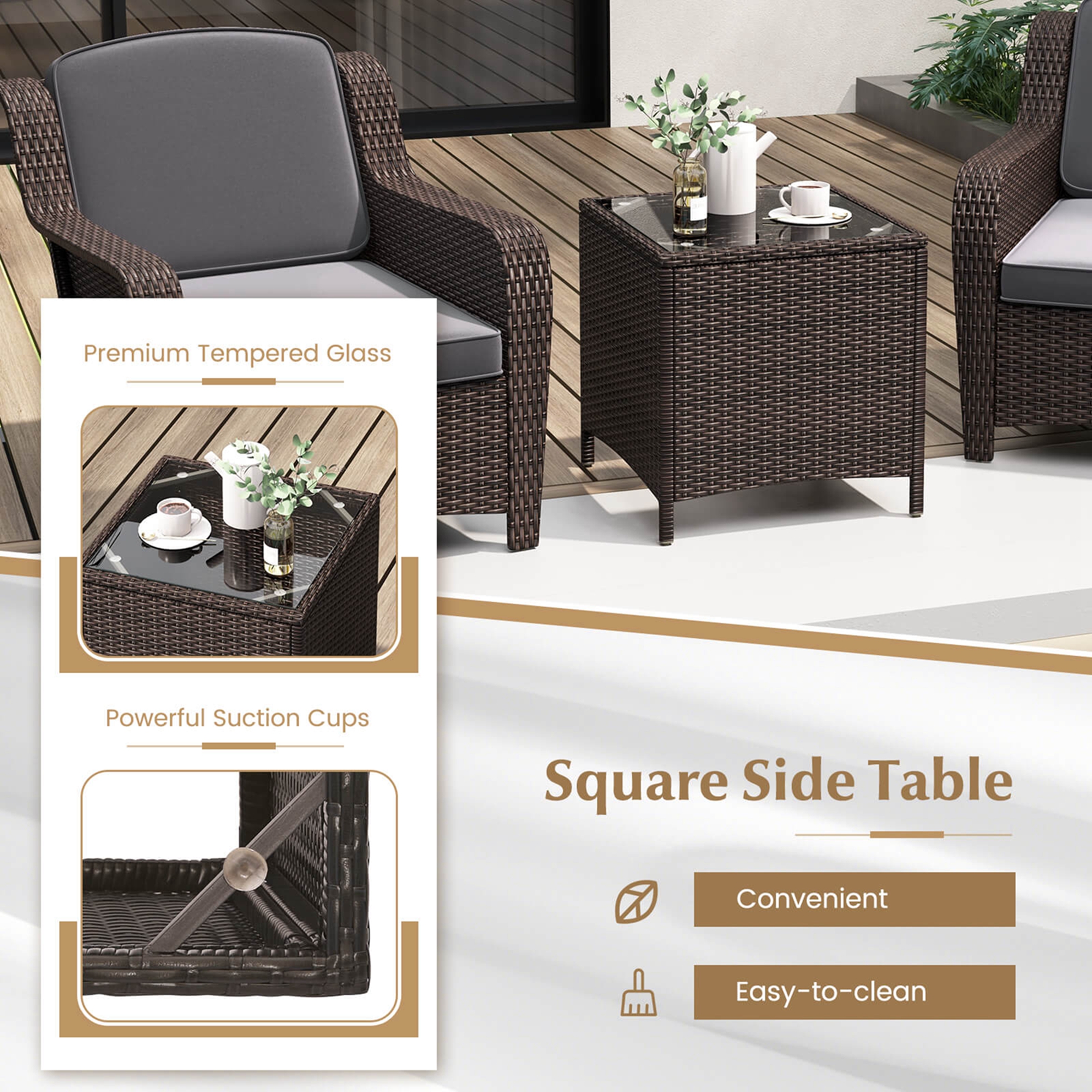 Costway 3 PCS Outdoor Patio Furniture Set with Cushions and Tempered Glass Coffee Table