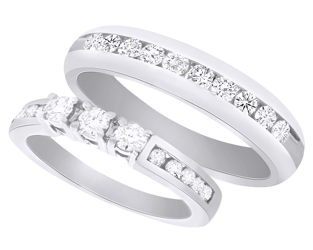 AFFY Round Cut White Natural Diamond His and Hers Wedding Band Set in 14K White Gold (0.88 Cttw)