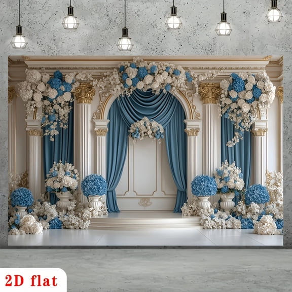 Luxurious Wedding Backdrop Blue White Floral Bridal Shower Background Royal White Columns Blue Curtains Engagement Party Decorations Banner Supplies Photo Booth Props