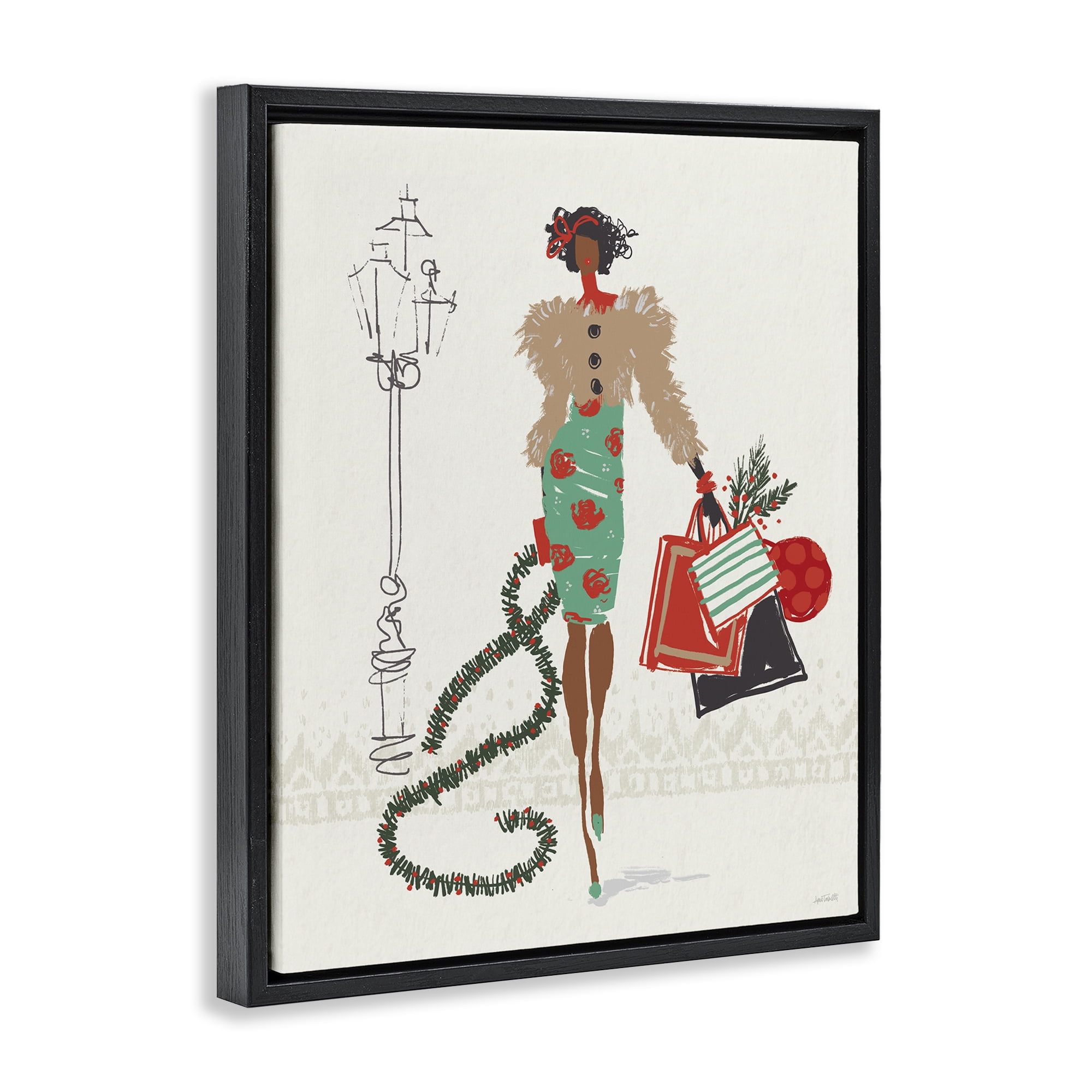 Stupell Industries Festive Shopping Girl Holiday Painting Black Floater Framed Canvas Art Prints Wall Art, 17 x 21