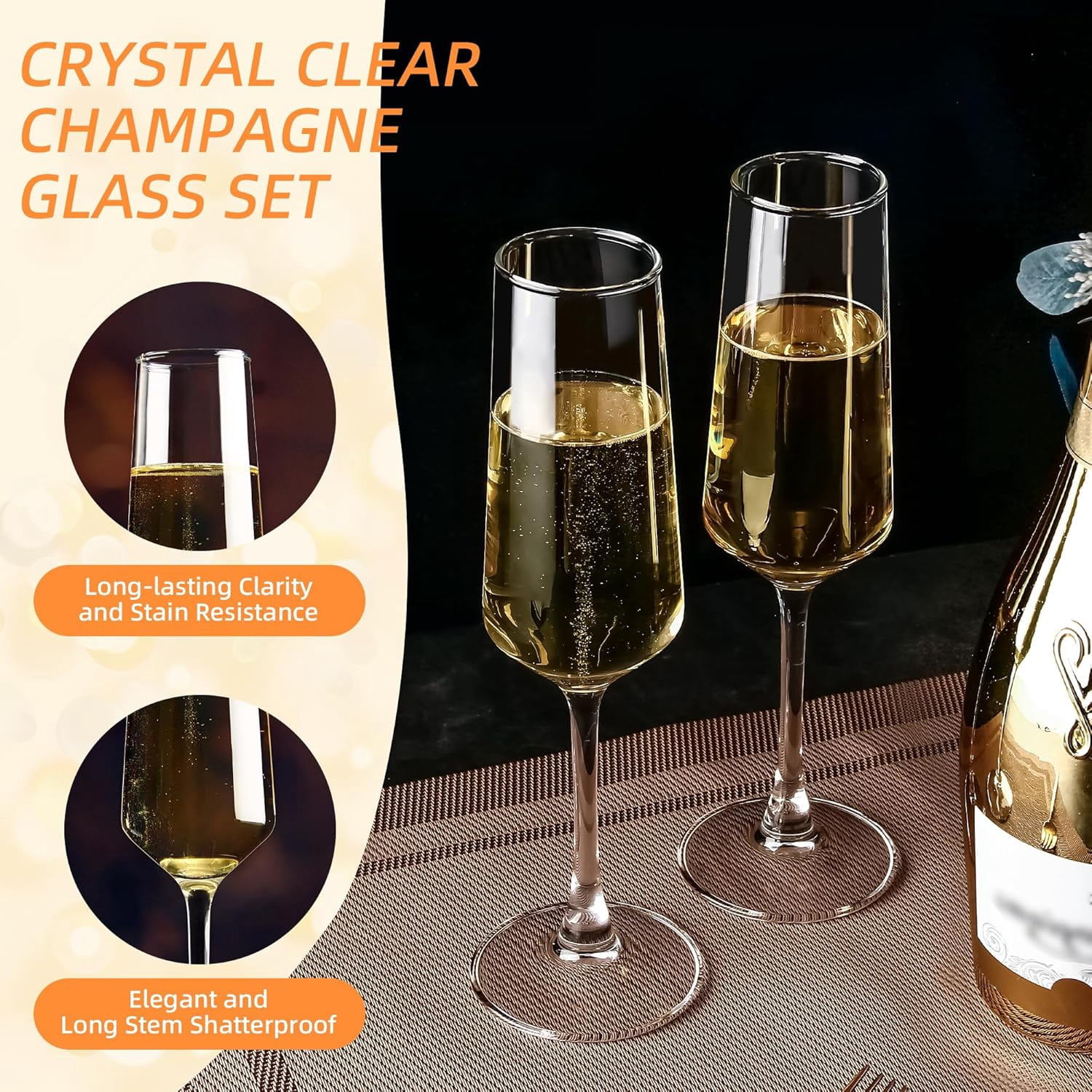 Champagne Glass Set, Durable Champagne Flutes with Mordern Shape, Long Stem Sparkling WIne Glass Clear (A Set of 12)