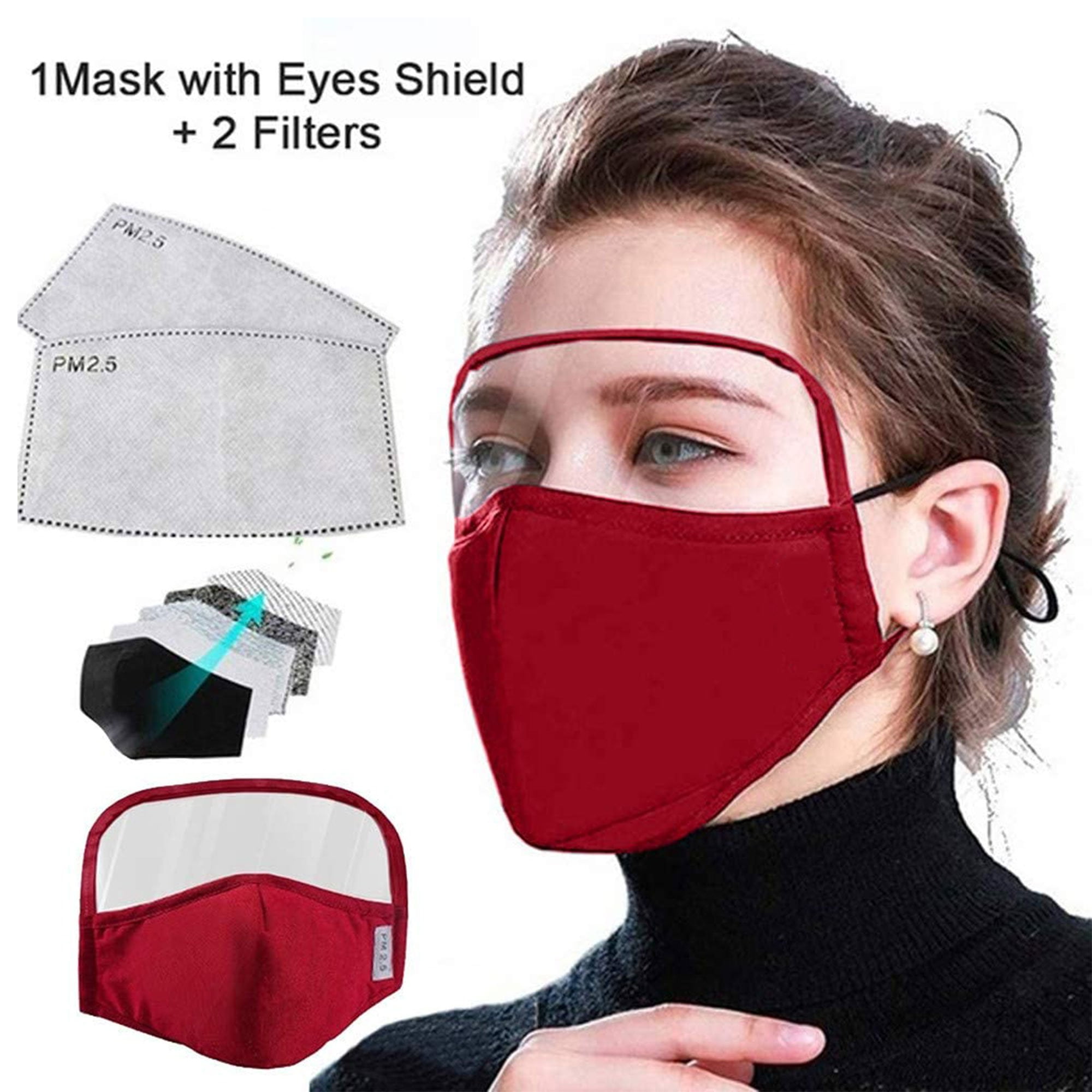 Details about   Reusable Cotton Face Mask w/ Eyes Shield & Air Breathing Valve & 2 PM2.5 Filters 