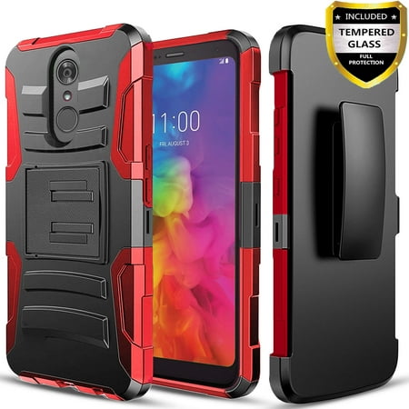 LG Q7 Case, LG Q7 Plus, [Combo Holster] Case And Built-In Kickstand with[Glass Protector]And Stylus(Red)