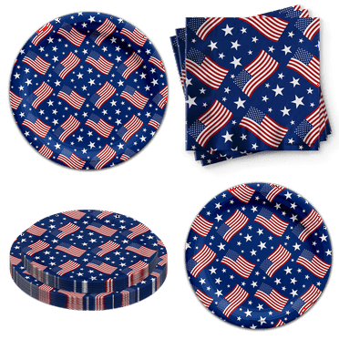 American Flag Fourth of July Party Supplies - 24 Piece Tableware Set Includes Large 9" Dinner Plates and 7" Dessert Paper Plates Napkins