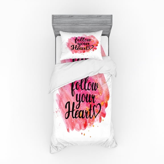 Saying Duvet Cover Set, Typography Phrase Follow Your Heart on Watercolor Effect Background, Bedding Set with Shams and Fitted Sheet, 3 Sizes, by Ambesonne