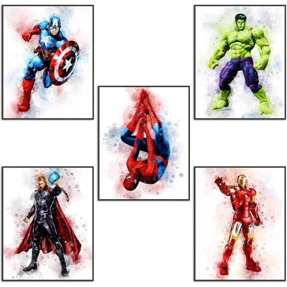 Superhero Watercolor Canvas Wall Posters Room Decor for Boys - Wall Art Set of 5 for Nursery, Kids Bedroom 8x10 inch Unframed