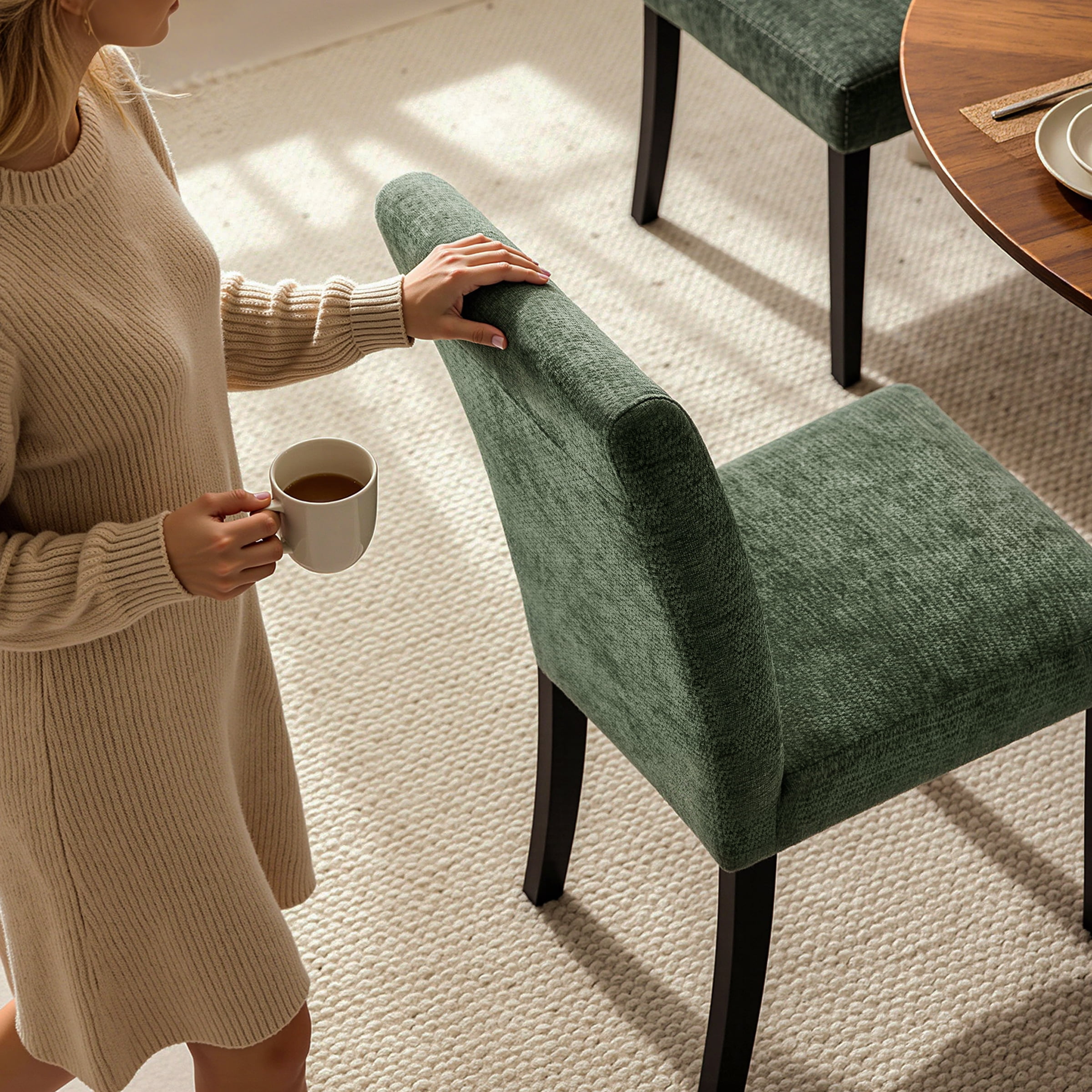 DyFun Chenille Upholstered Dining Chairs Set of 2 for Kitchen Dining Room or Apartment Living, Green