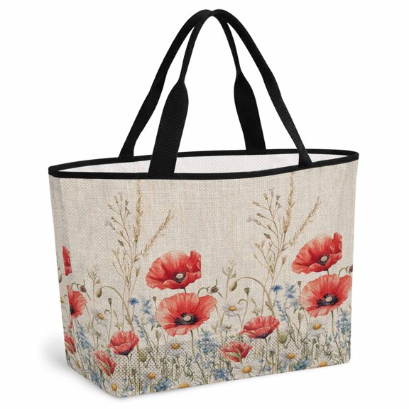 Red Poppy Flower Beach Bag for Women, Large Breathable Mesh Beach Tote Bag, Patriotic Botanical Summer Floral Sandproof Lightweight Travel Bags for Vacation Picnic Swimming Pool 15.7"x15.7"x9.1"