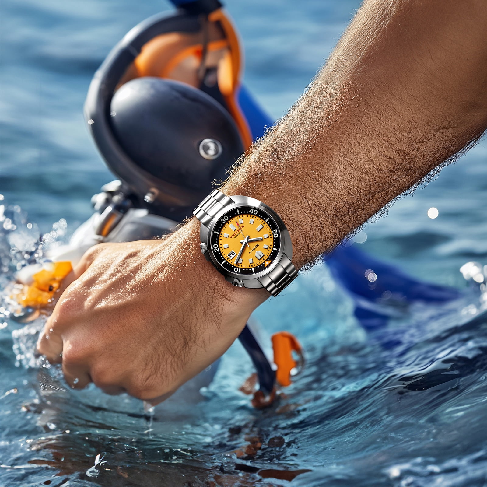 BERNY Automatic Dive Watches for Men, Sport 200M Waterproof Analog Mechanical Watch with Date Display, Super Luminous, Stainless Steel, Sapphire Crystal, Fashion Men's Diver Watch (Yellow)