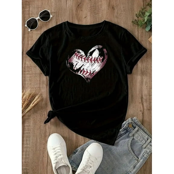 MORTTIC Women's Baseball Mom T-Shirt, Funny Heart Graphic Tee, Casual Baseball Lover Shirt, Perfect Gift for Fans, Black, S