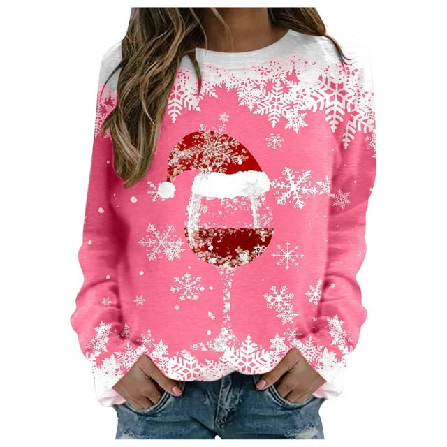 HNMKIU Hauts à Manches Longues pour Femmes Mode Automne et Hiver Loisirs Vacances Rouge Flocon de Neige Imprimé de Noël Col Rond Sweat à Capuche Manches Longues