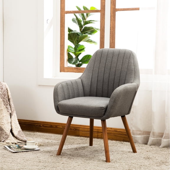 Modern Gray Fabric Chair With Deep Tuck- And Solid Wood Legs Supremely Comfortable Foam