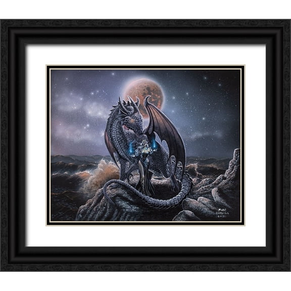 Harvill, Marc 14x12 Black Ornate Wood Framed with Double Matting Museum Art Print Titled - Sorcerous and Blood Moon Dragon