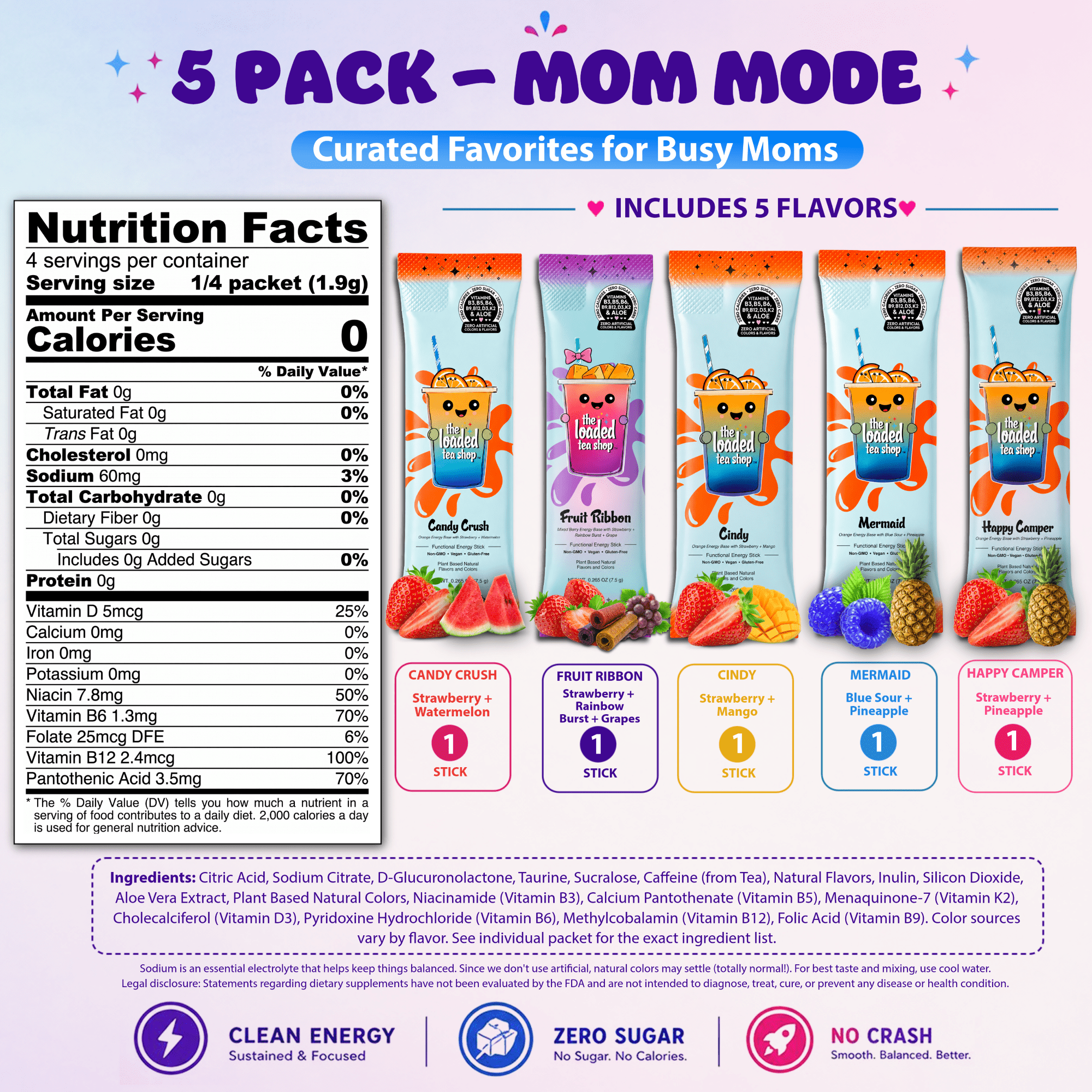 The Loaded Tea Shop Mom Mode Energy Drink Mix Sticks, Sugar Free, 5 Pack
