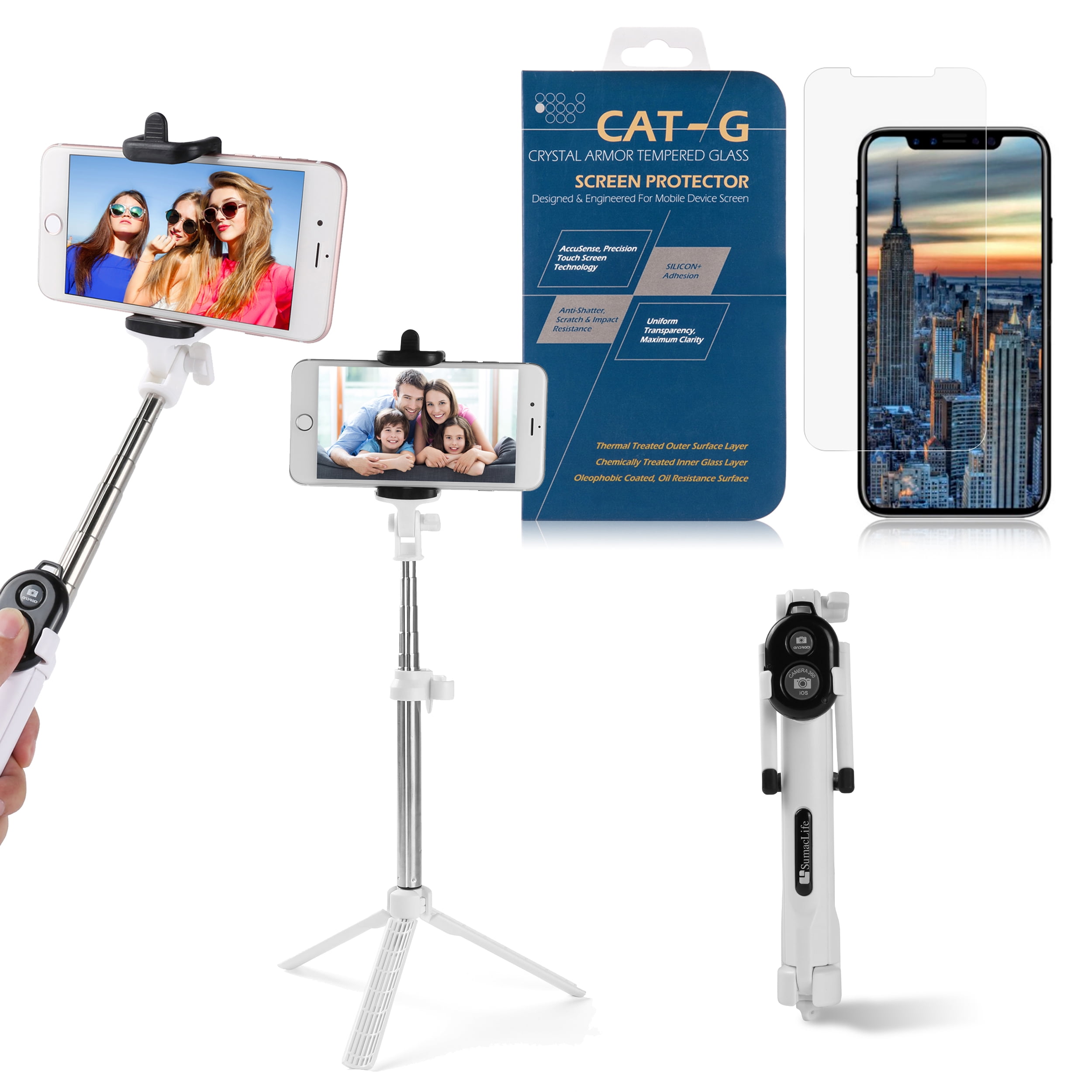 zuigen Maand Afleiding Portable Wireless Remote Control Selfie Stick and Mini Tripod with Tempered  Glass Screen Protector for iPhone X - Walmart.com