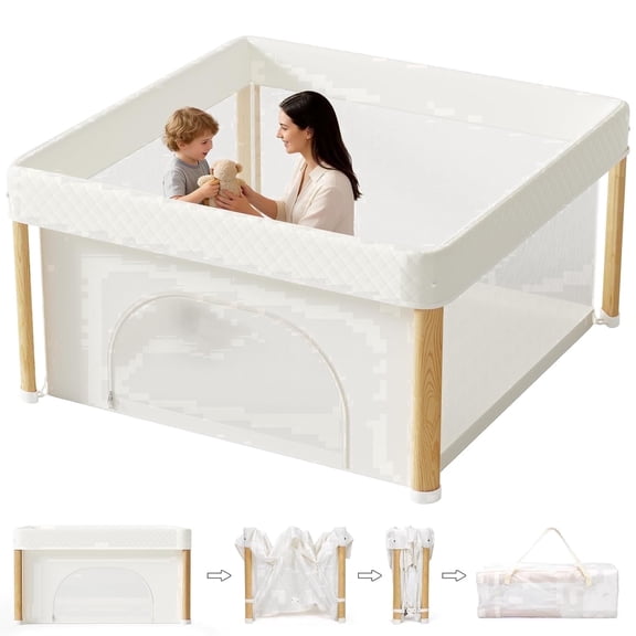PRVAETU 59"x59" One Step Foldable Play Pen for Babies and Toddlers, Portable Indoor Outdoor Play Yard with Storage Bag, Khaki