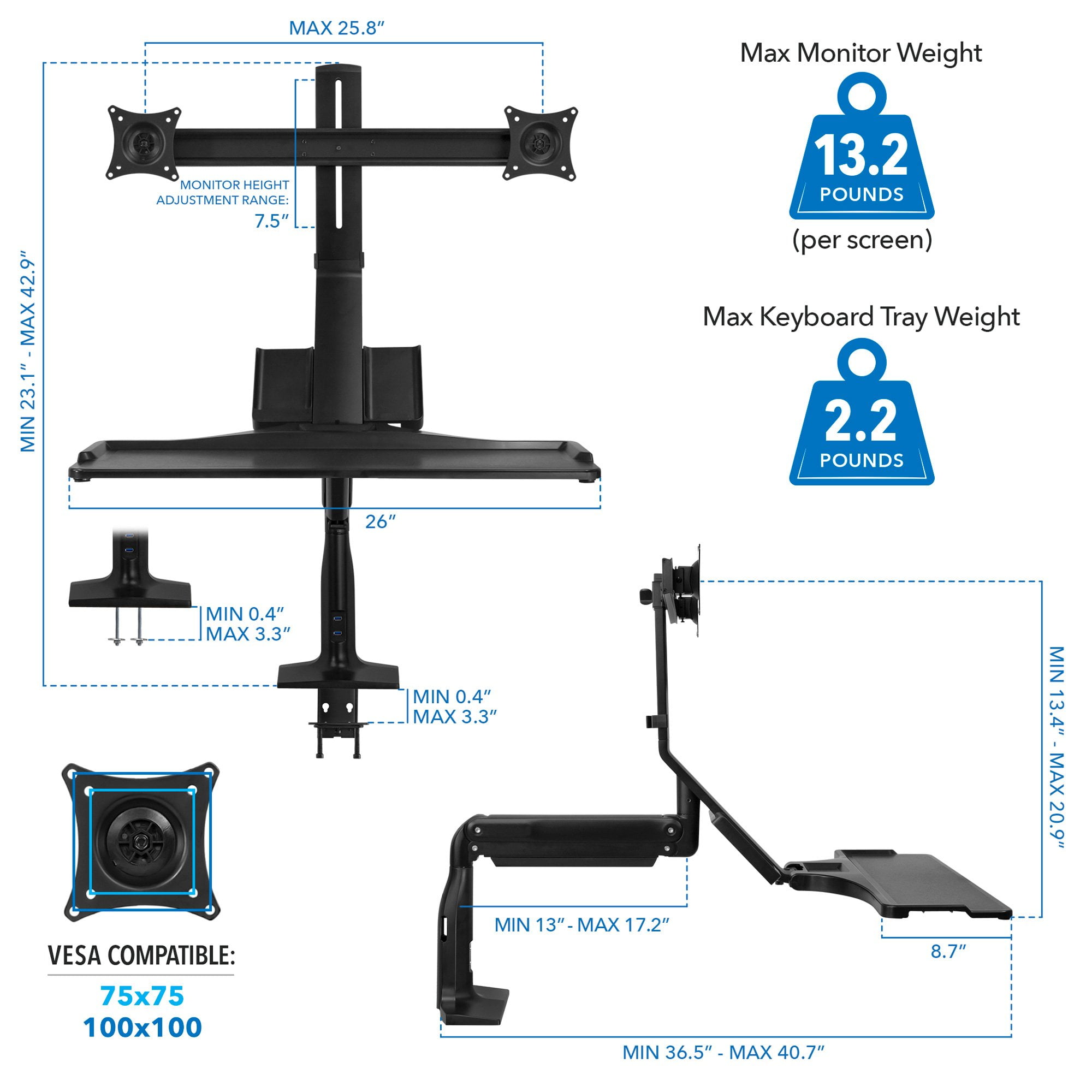 Mount-It! Dual Monitor Sit Stand Desk Mount with USB 3.0 Ports | Fits 17-27 Inch Screens