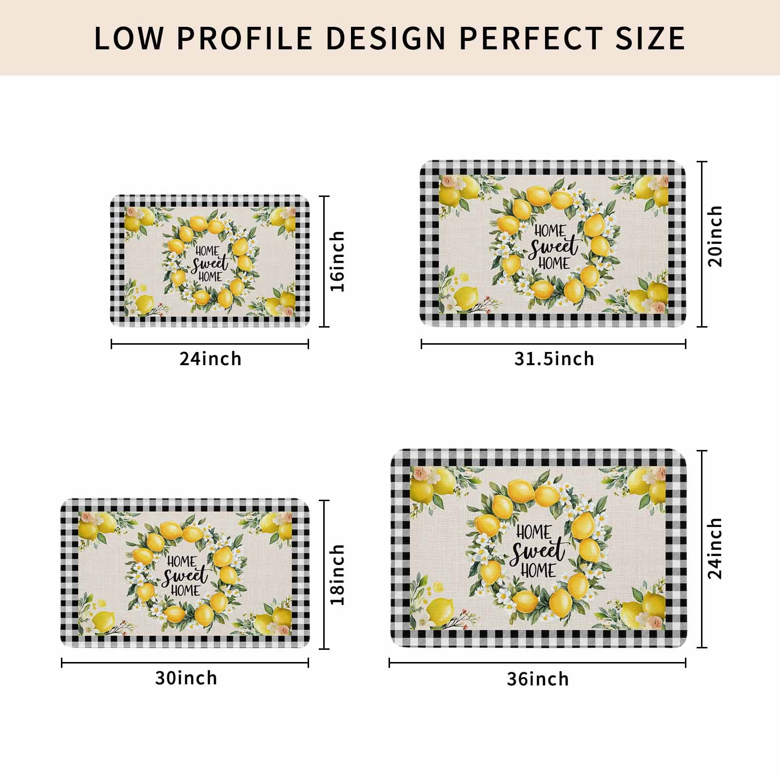 Summer Lemon Doormat Outdoor Entrance 20"x31.5", Farmhouse Black Check Plaid Vintage Absorb Moisture Dirt Door Mats, Non-Slip Rubber Backing Floor Mats Indoor, Low-Profile Front Door Rugs