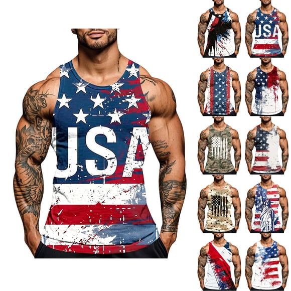 Pvkarhg 4th of July Shirts for Men American Flag Patriotic Tank Tops Muscle Gym Sleeveless Graphic Tee Tops for Workout Running White L