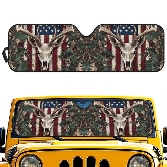 Uorisanigo Windshield Sun Shade for Jeep Wrangler TJ JK JKU Sport Sahara Rubicon 2 Door & 4 Door, Aluminum Foil Car Window Camo American Flag Deer Hunter Shade Blocks Sunlight Heat UV Rays