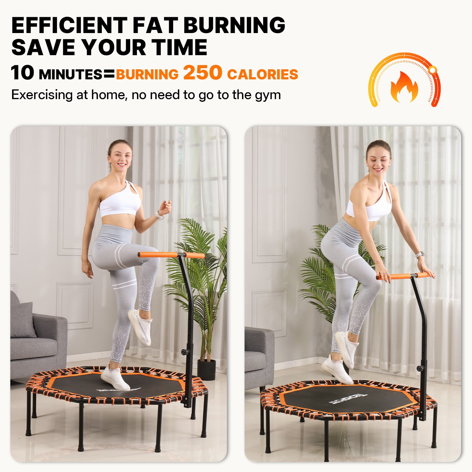 50 Inch Fitness Trampoline with T-Bar Handle – Quiet Adult Mini Trampoline with Silent Elastic Ropes, 10-Minute Fat Burning Cardio Workout at Home, Easy Assembly, Red/Black