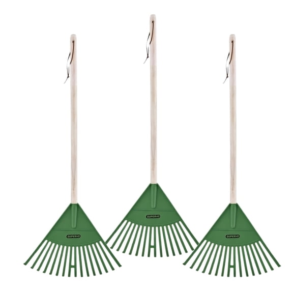 Superio Kids Leaf Rake, 34-Inch Gardening & Lawn Care Tool with Hardwood Handle and Durable Plastic Tines for Leaf Cleanup & Garden Maintenance, Green 3 Pack