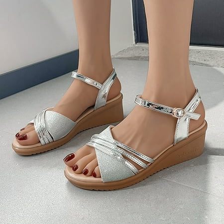 

ãYilirongyummã Silver 40 Sandals Women Ladies Fashion Summer Roman Fish Mouth Buckle Heel Sandals