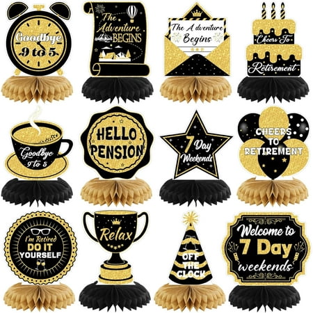 12 Pcs Retirement Party Decorations Honeycomb Gold Glitter Retirement Table Centerpieces 3D Double Sided Hello Pension Table Decoration Topper for Men Women Party Favors Supplies