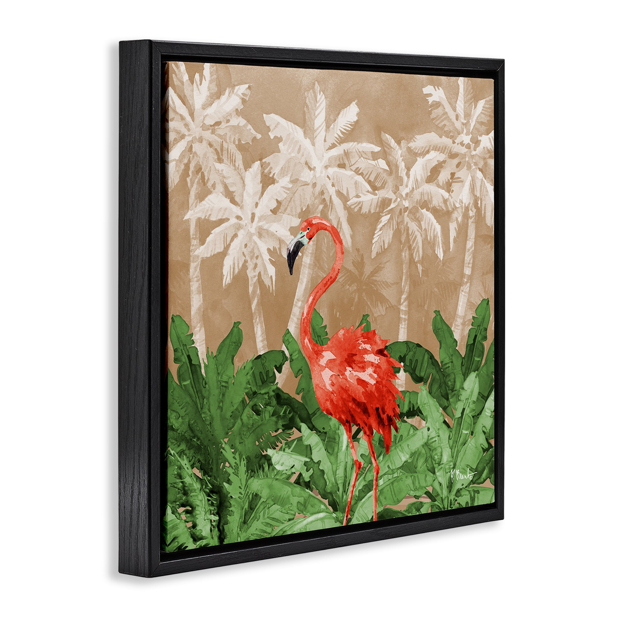 Stupell Industries Flamingo Jungle Scenery Animals & Insects Painting Black Floater Framed Canvas Art Print Wall Art, 25 x 25