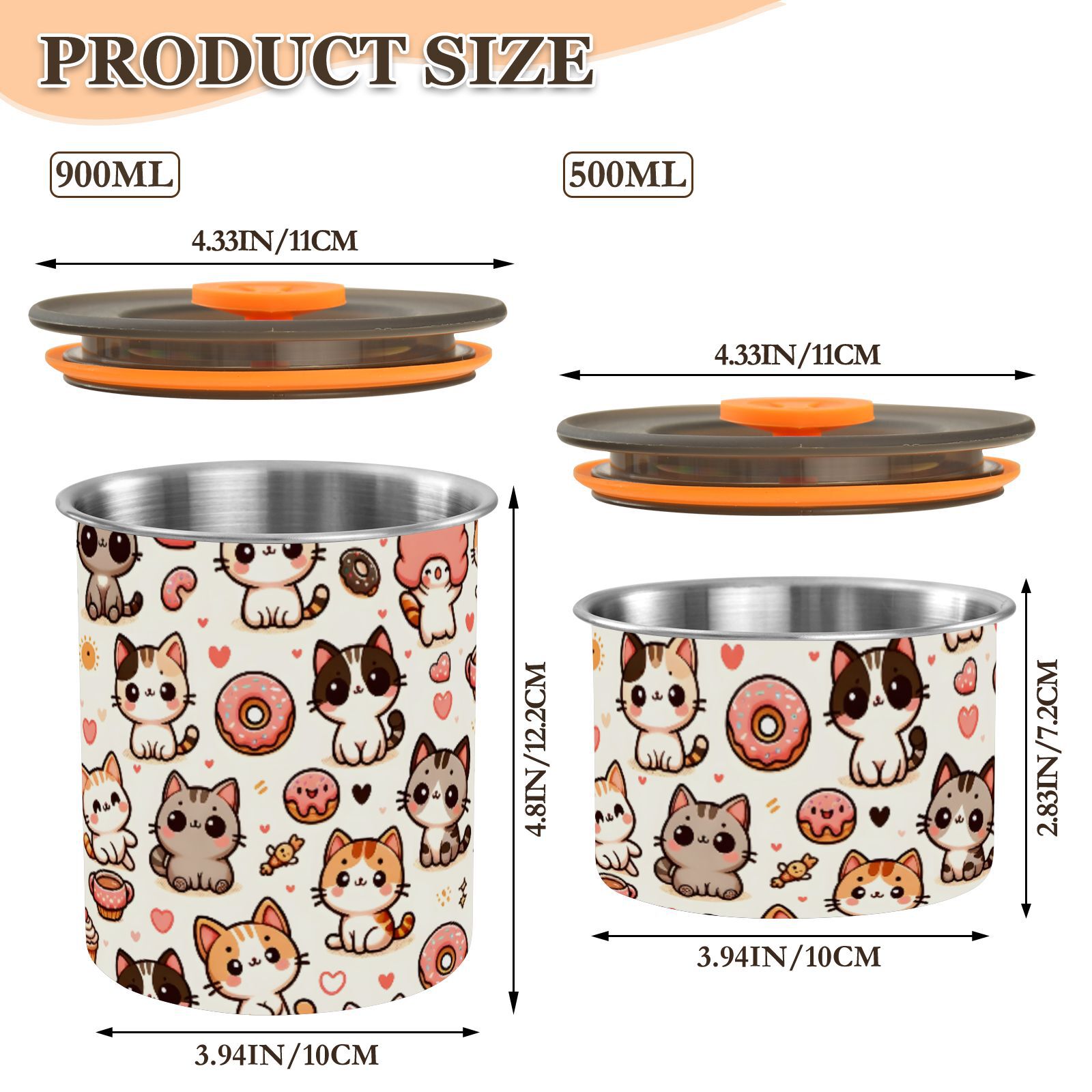 Kitten Cat Donut Airtight Coffee Bean Canister 30oz Food Storage Containers with Lids For Gournd, Tea, Sugar, Flour, Rice, Cereal, Candy Cookie Jar