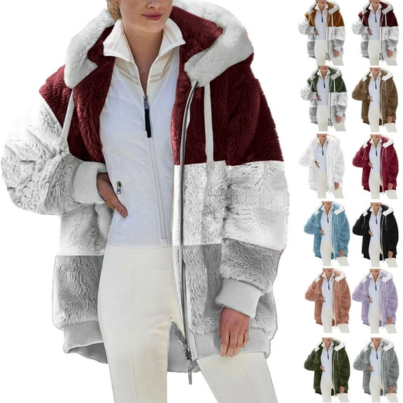 Ndbuld Autumn and Winter Plaid Jackets for Womens 2025 Plus Size Coat Long Sleeve Plaid Faux Shearling Oversized Jacket Clearance Under 10$ Wine M