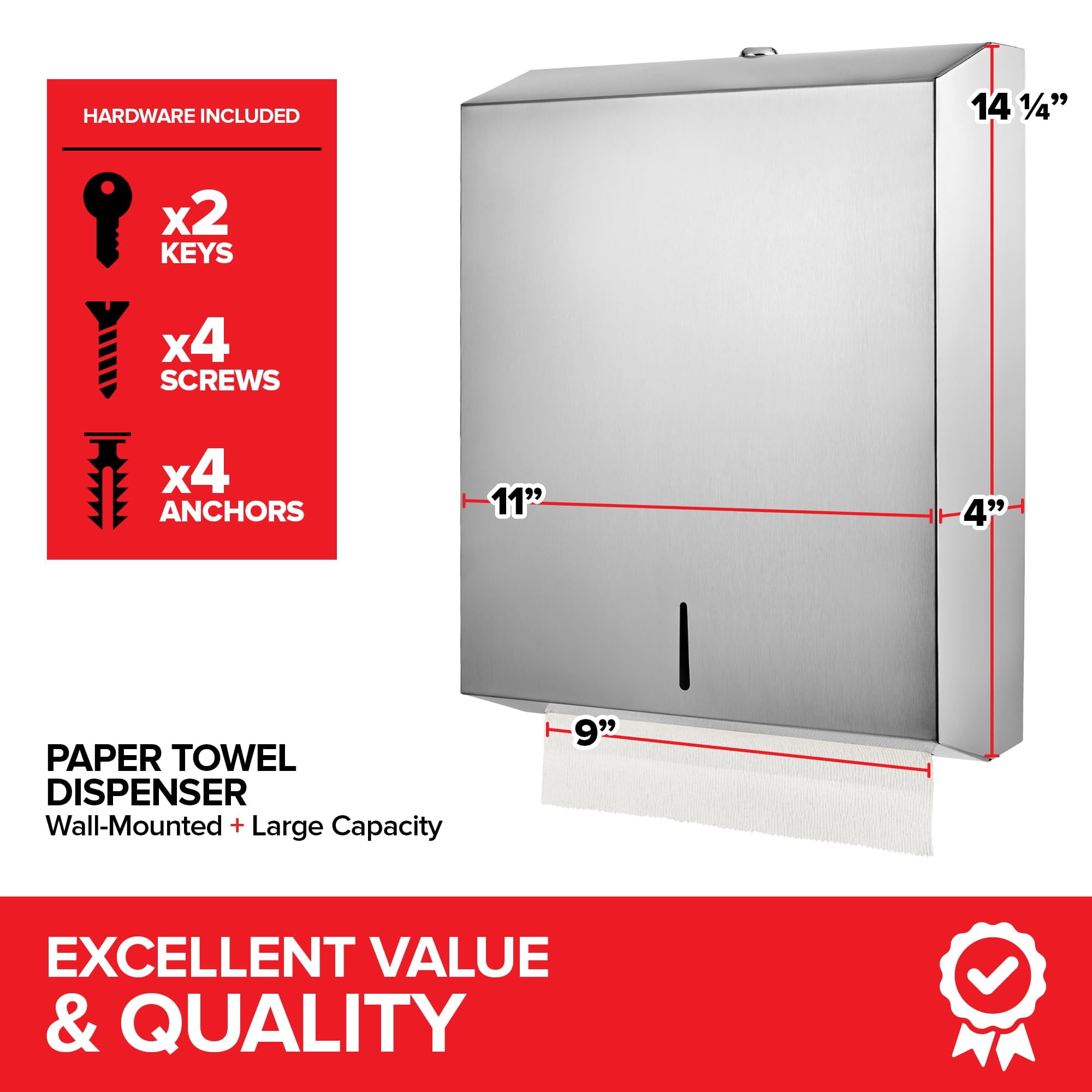 Wall Mount Paper Towel Dispenser, Large Capacity Stainless Steel Hand Towel Holder for Bathrooms and Kitchens, Commercial Dispenser Holds 400 Towels