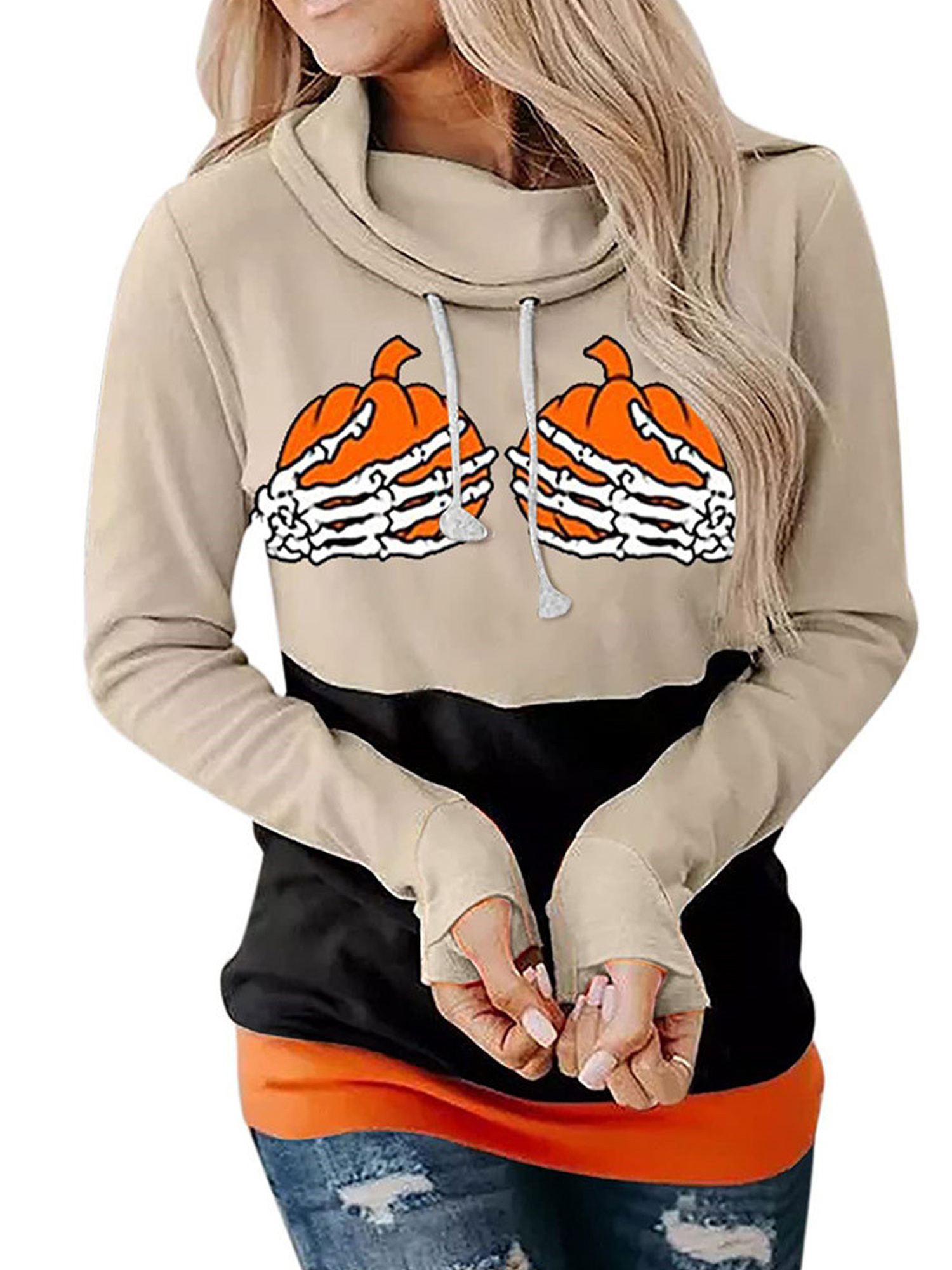 Halloween Sweatshirt for Women Pumpkin Skeleton Face Bat Print Sweatshirt Casual Loose Fit Long Sleeve Sweatshirt Top