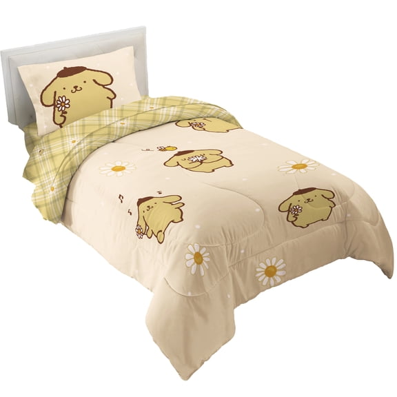 Pompompurin 4 Piece Yellow Gingham Print Reversible Comforter, Pillowcase, and Sheet Set, Twin, Sanrio