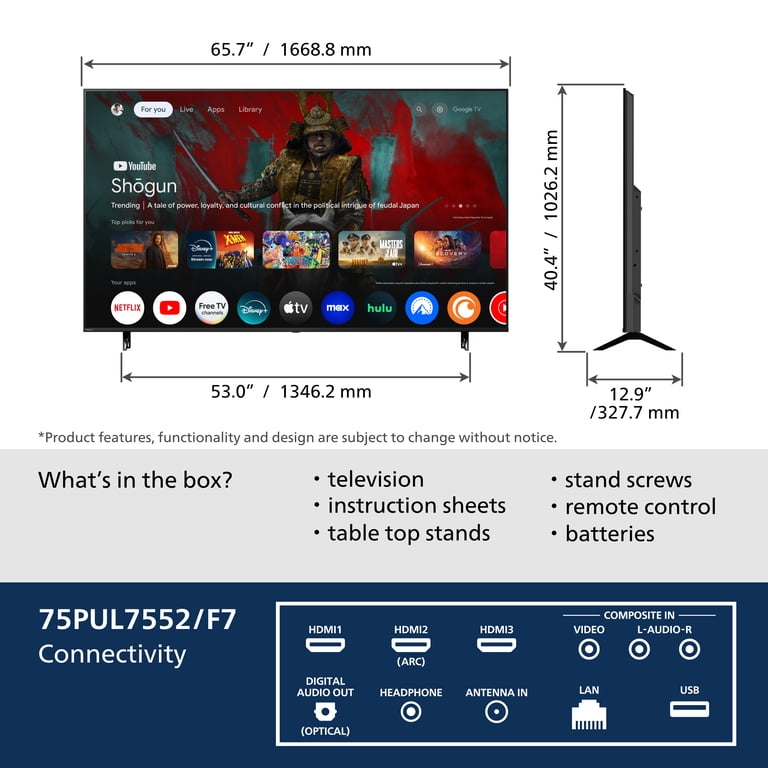 Philips, 75 inch 4K Ultra HD Google Smart LED TV, 75PUL7552/F7