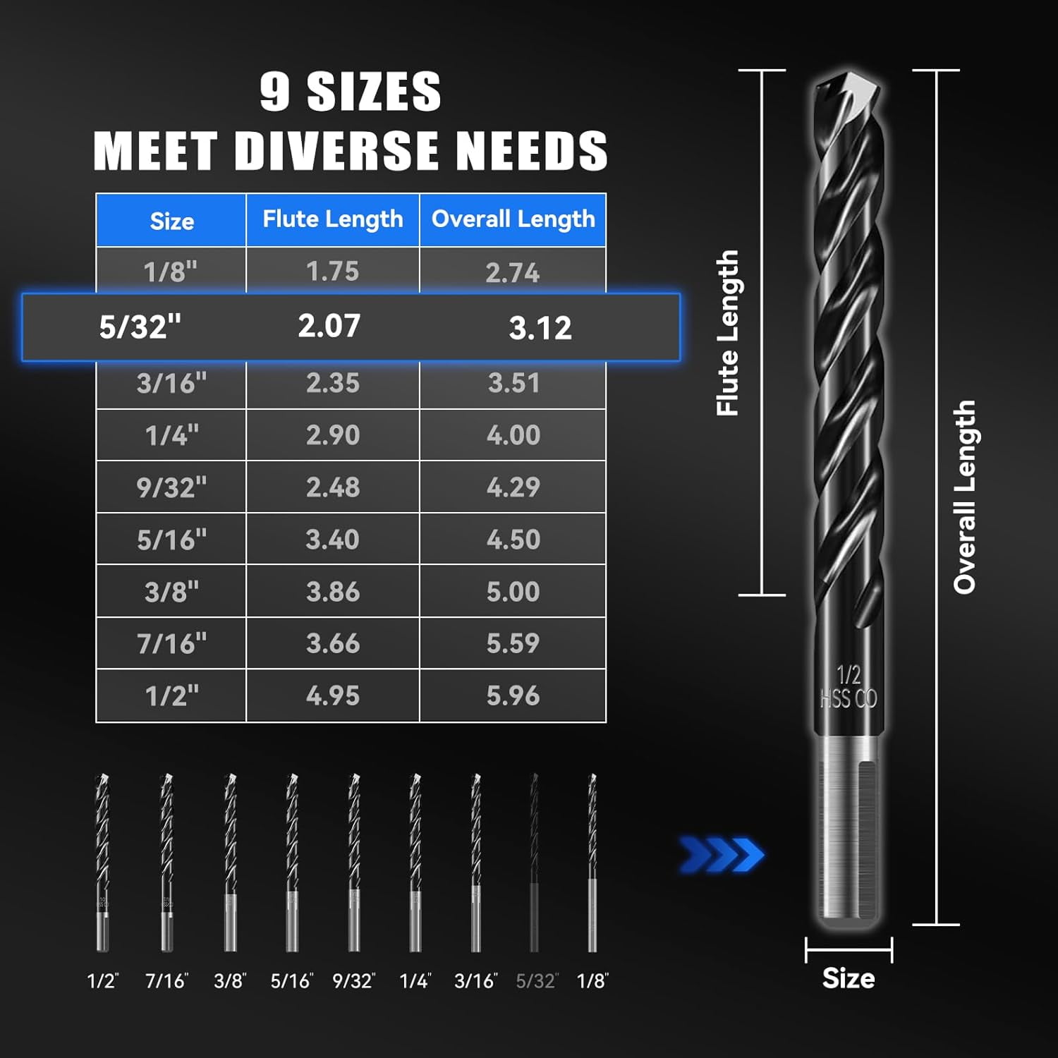 FRKSMD-5/32" Triple Spiral Flute Cobalt Drill Bit Set (Pro - TiAlN Coated), Metal Drill Bit Set for Steel, Hardened Metal, Stainless Steel, 10-Piece with Index Storage Case