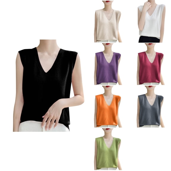 Antinious Women Solid V-Neck Knit Sleeveless Summer Casual Tank Top