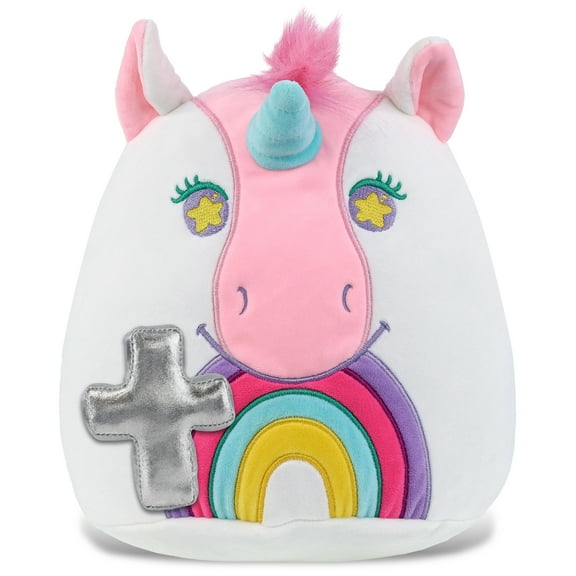 DolliBu Snug-Mooshies Unicorn Stuffed Animal with Silver Cross Plush - Religious Baptism Gifts for Boys and Girls, Dedication Christening Gifts Plush Prayer Toy Healing Stuffed Animal - 10 Inches