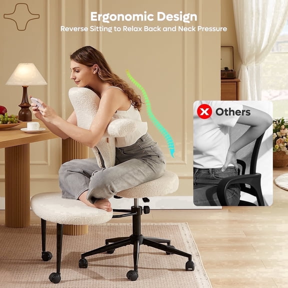 Pinmoco Ergonomic Adhd Chair with Backwards Comfort, PU Leather Cross Legged Office Chair, Extra Wide Swivel for Home Office, White