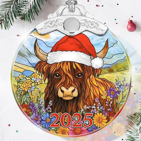 NewEleven Cute Gift for Animal Lovers Christmas Highland Cow Glass Ornament, Rustic Farmhouse Decoration