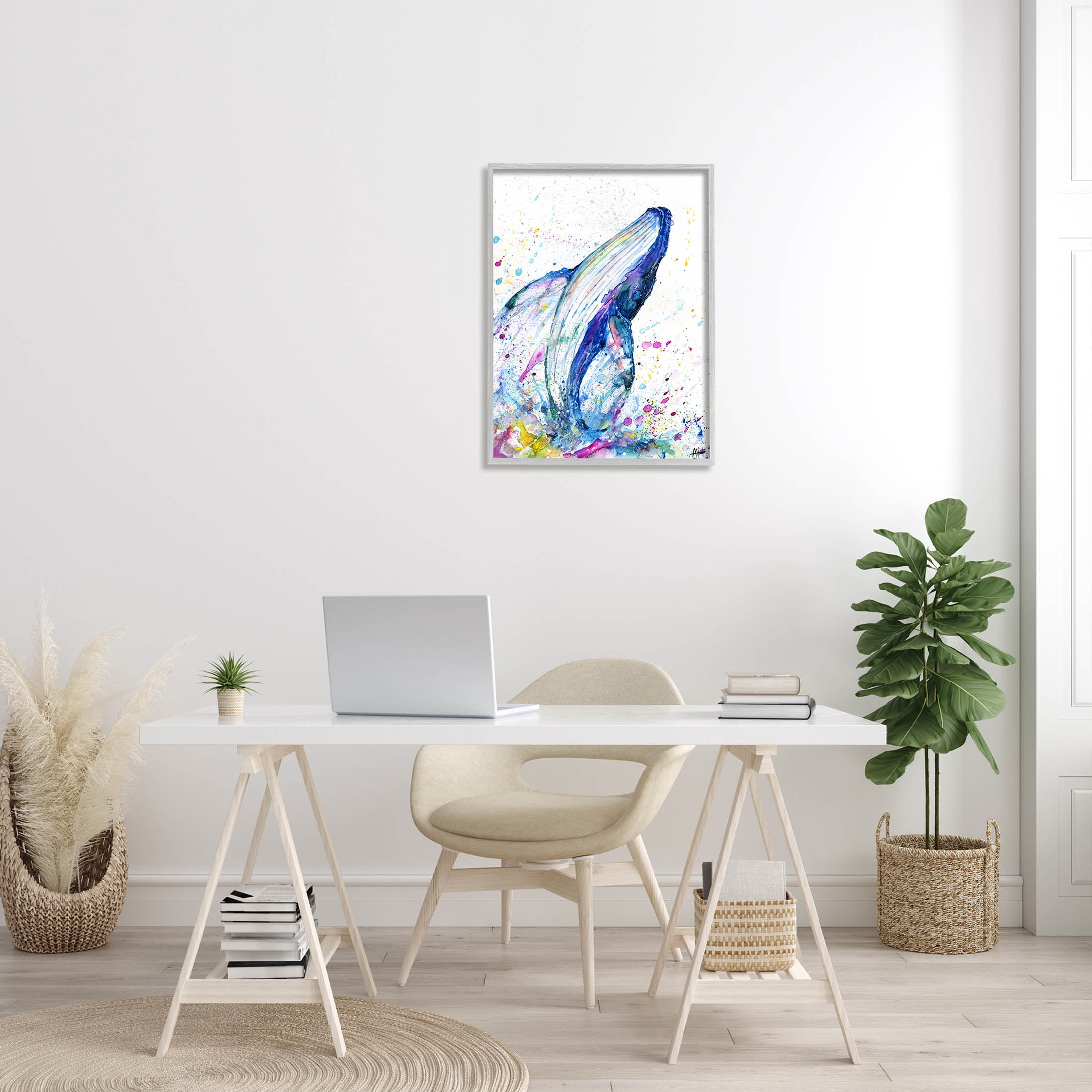 Splashing Whale Bubbles Marine Animals & Insects Graphic Art Gray Framed Art Print Wall Art