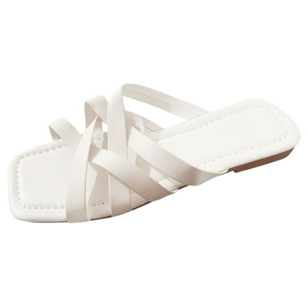 

PEASKJP Dressy Sandals Women Women s Gladiator Sandal Flat Strap Sandals Two Ankle Buckle (White 8.5)