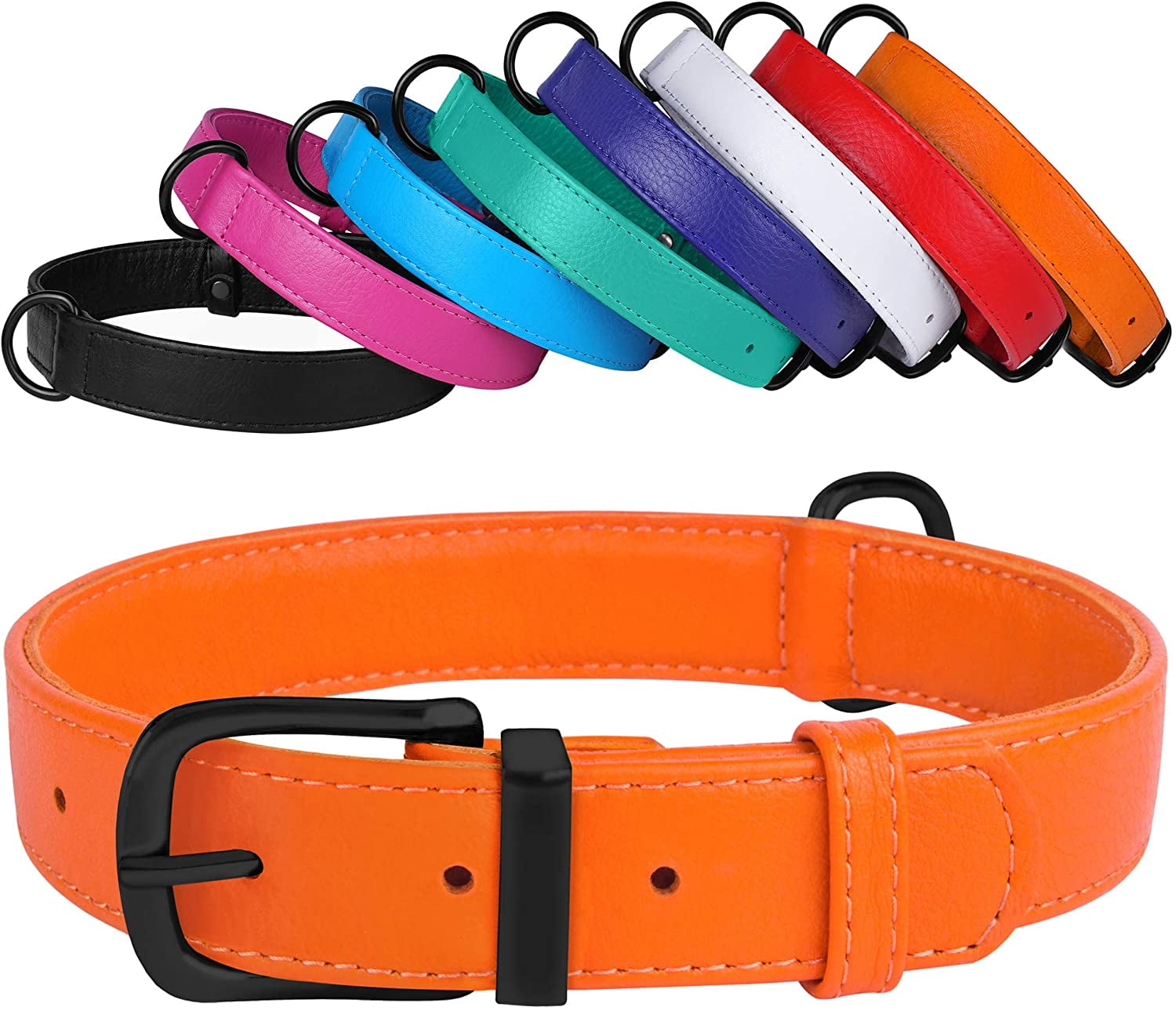 Leather Dog Collar Puppy Collars for Large Dogs Soft Padded, Orange