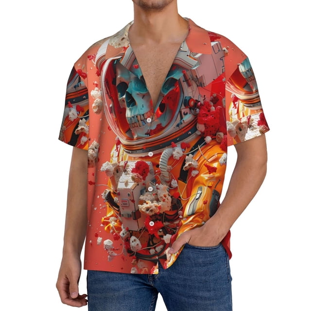Balery Space Skeleton Art Camisa Casual de Manga Corta con Botones para Hombre, Texturizada, Estilo Cubano, para Playa, Verano-Small