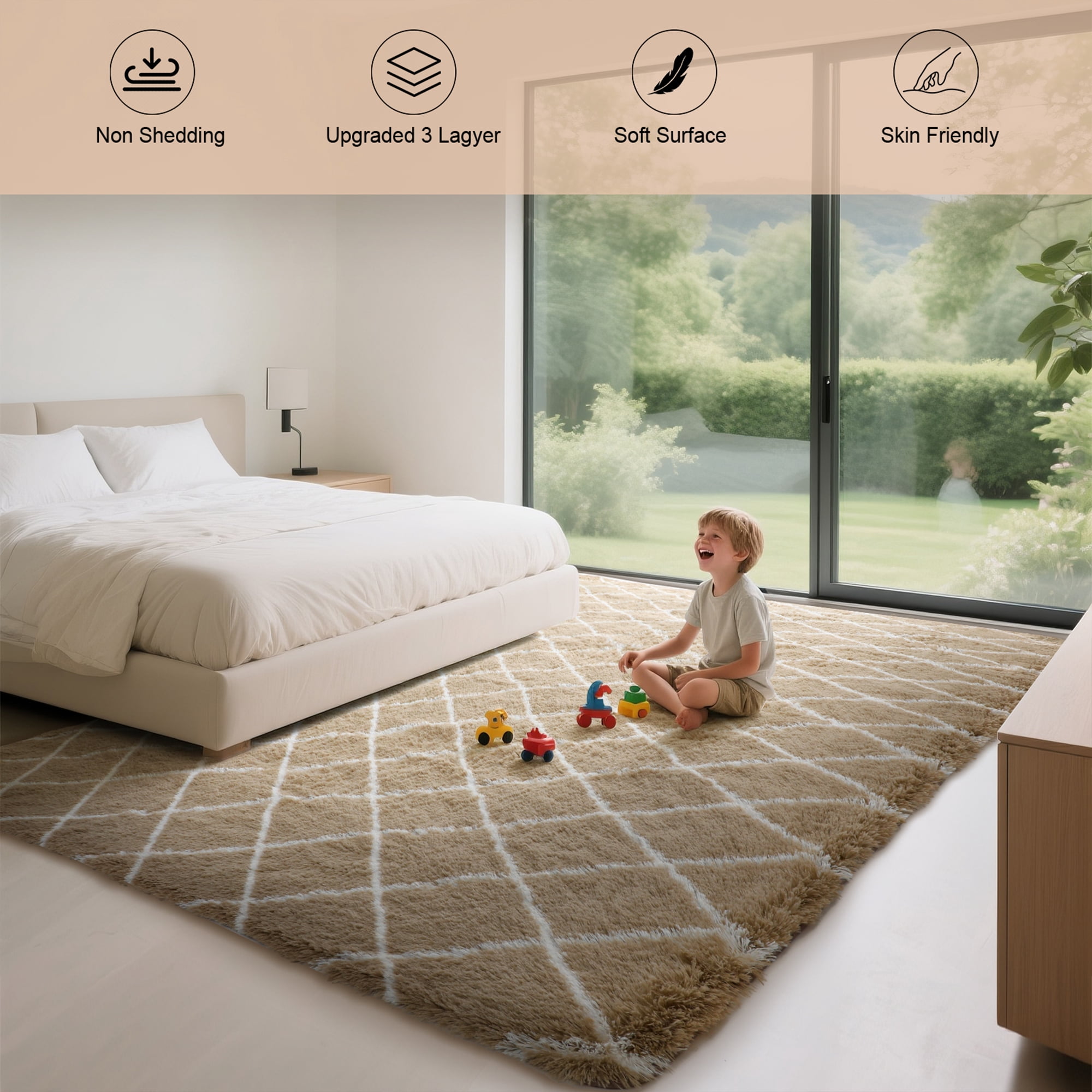 CozyDesg Shag Area Rugs,4'x6' Soft Fluffy Shaggy Carpet for Living Room,Large Rug for Bedroom Dining Room Home Decor Room Decor,Beige & White