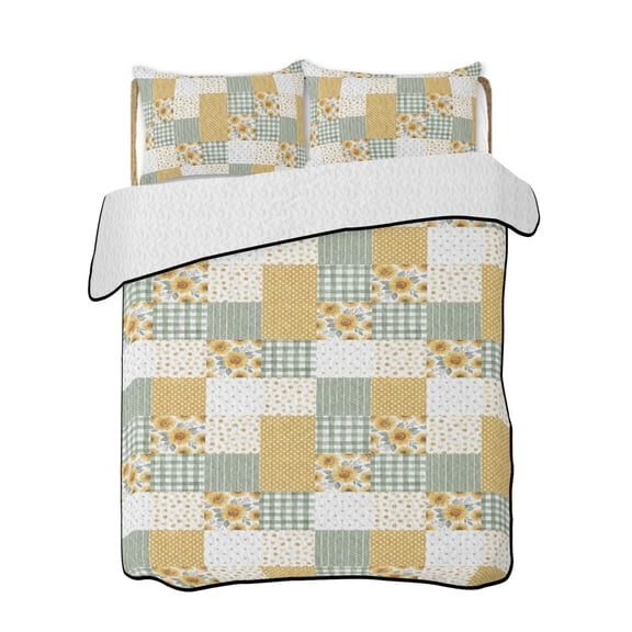 Patchwork Quilts Bedding Set Twin Size Rustic Floral Yellow Sunflowers Green Gingham Stripe Lightweight Quilted Bedspread 3 Piece Bed Quilt with 2 Pillow Shams All Season for Bedroom 68" x 86"