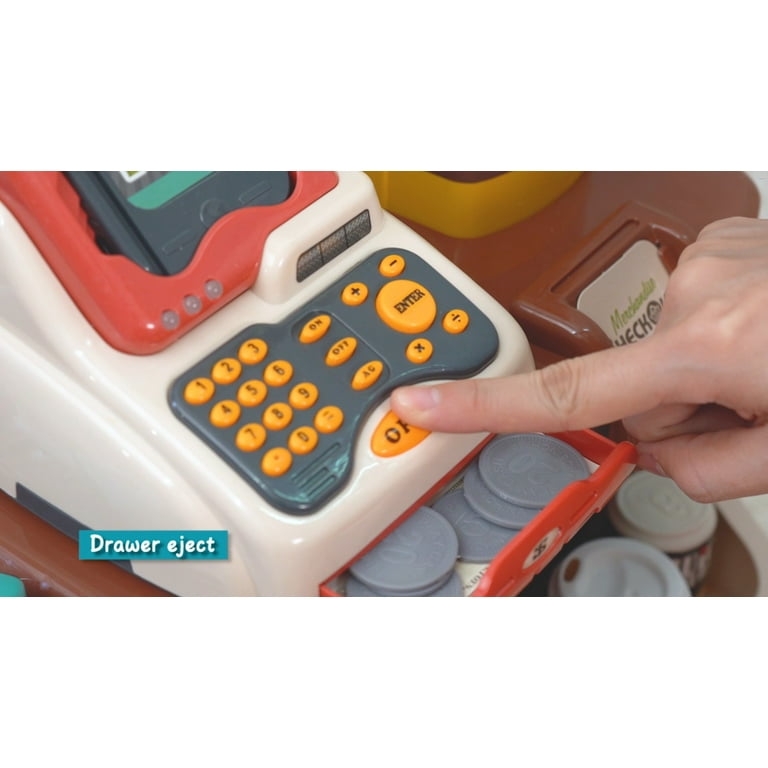deAO Till Toy for Kids Pretend & Play Supermarket Cash Register Set with Scanner, Credit Card, Play Food, Money and Grocery Shopping Basket for Boys and Girls